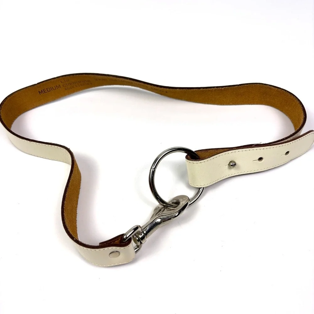 VTG 80s Liz Claiborne Waxed Saddle‎ Leather Belt Womens Sz M White Silver Swivel